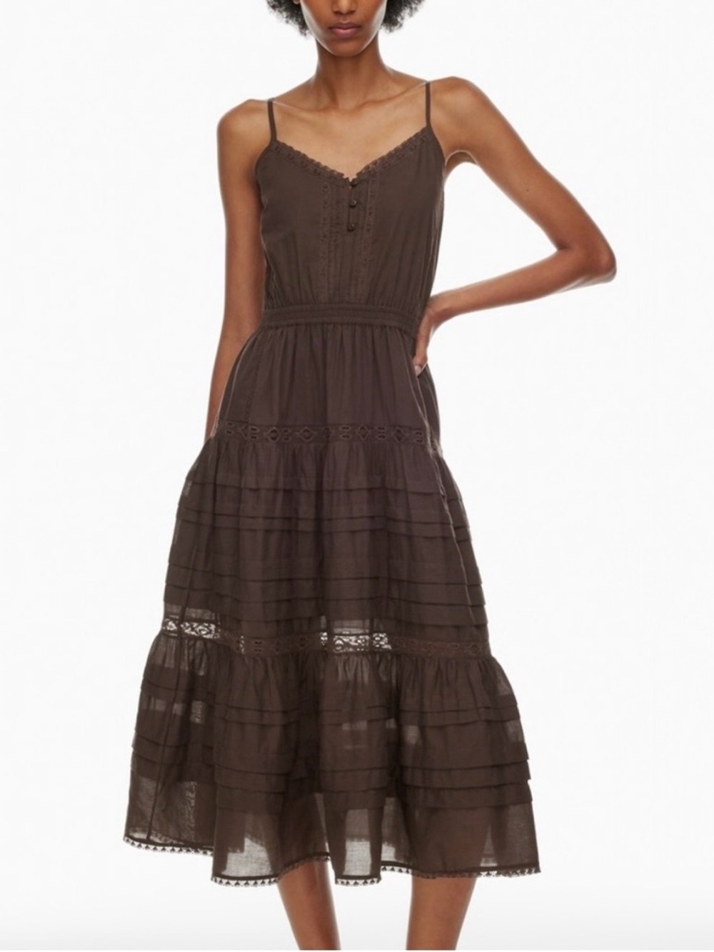 Aritzia Little Moon Milos Dress Mocha Brown Tiered Lace Cotton NWT S